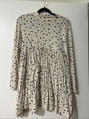 Nasty Gal Cream Dress with Black Polka Dots - Tiered Long Sleeve
